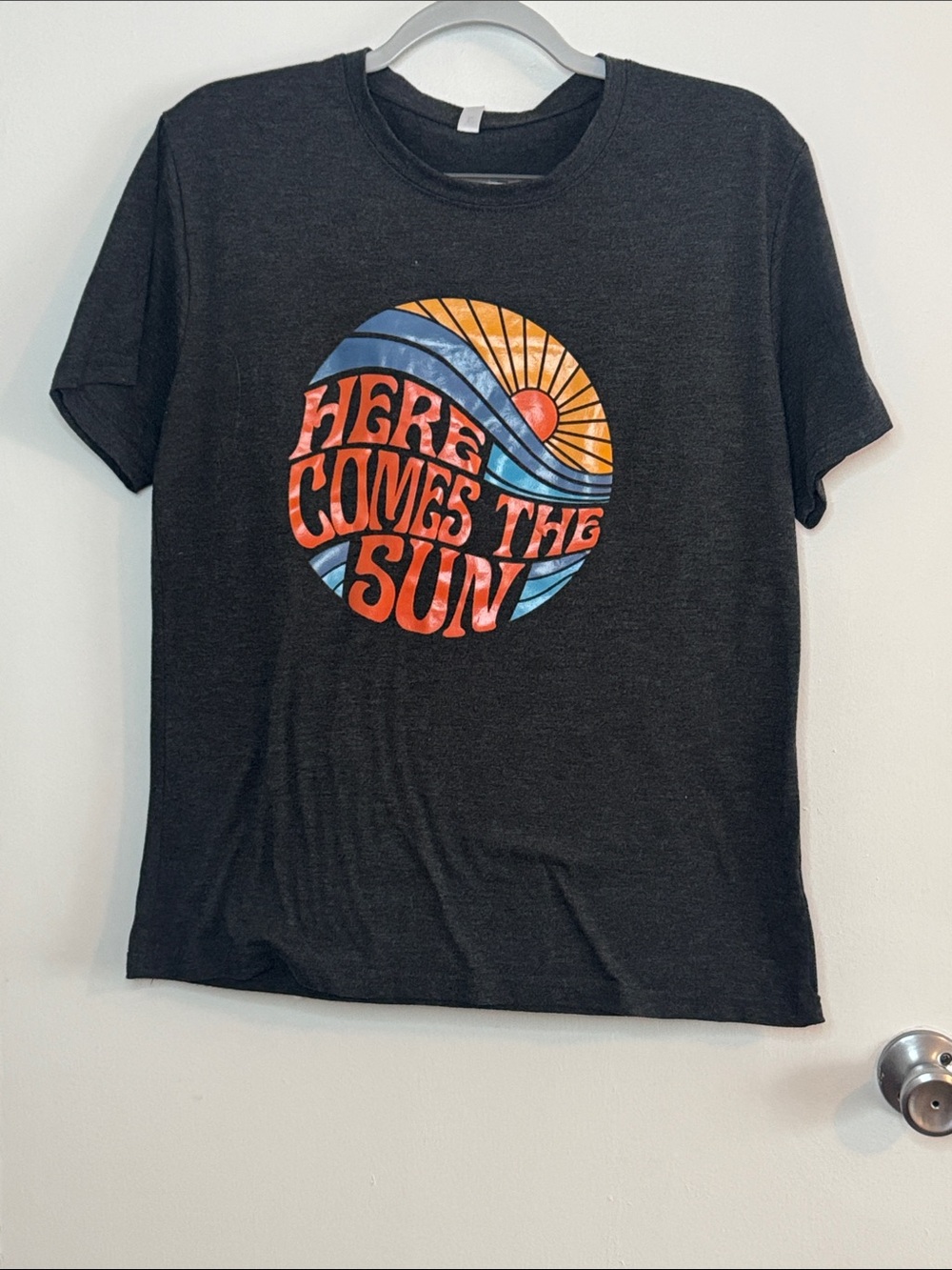 Black Tee with Retro Orange and Blue Sun Graphic size large